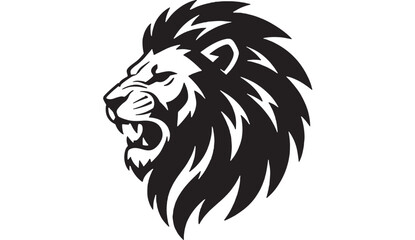 Lion head logo with aggressive mane illustration in black and white for premium sports and gaming branding featuring mascot, wild animal, big cat © Farjana