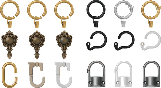 Selection of Various Curtain Rings and Hooks Featuring Golden Metal Clips Decorative Bronze Finials and Modern Plastic Drapery Hardware for Window Treatment Designs