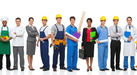 Fototapeta premium Diverse group of professionals stand together against a white background representing various career paths.