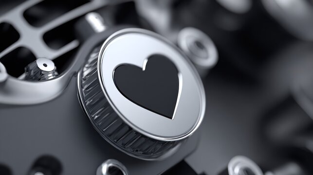 Close up of a silver dial with a heart symbol and metallic textures