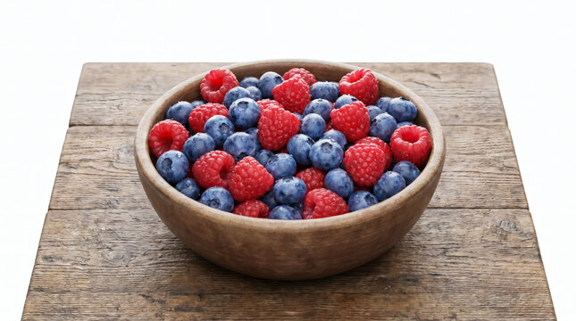 Fresh Blueberries and Raspberries in a Rustic Wooden Bowl