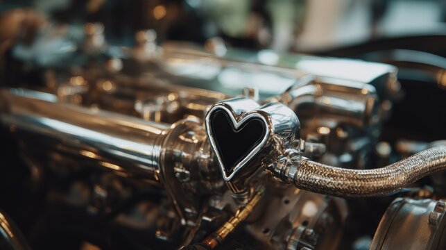 Close up of heart shaped exhaust pipe on an engine system detail