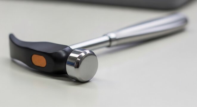 Close-up of a shiny metal reflex hammer with a black handle resting on a white surface.