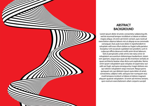 Abstract vector background with red base and curved spiral ribbon with black and white contrast lines for design. Eps 10