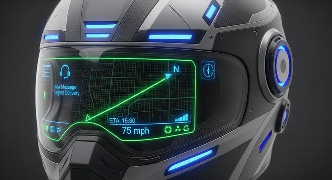 Futuristic motorcycle helmet features an integrated heads up display with navigation data and speed indicators.