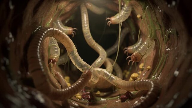 Close up video exploring the eerie slimy passage of wriggling parasitic worms in nature
