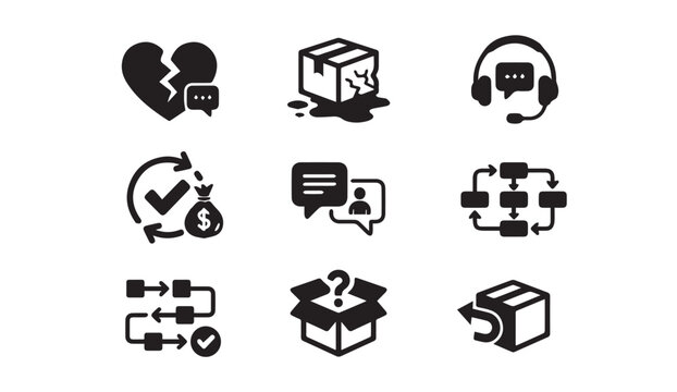 Customer support and product return icons for shipping problems and refunds