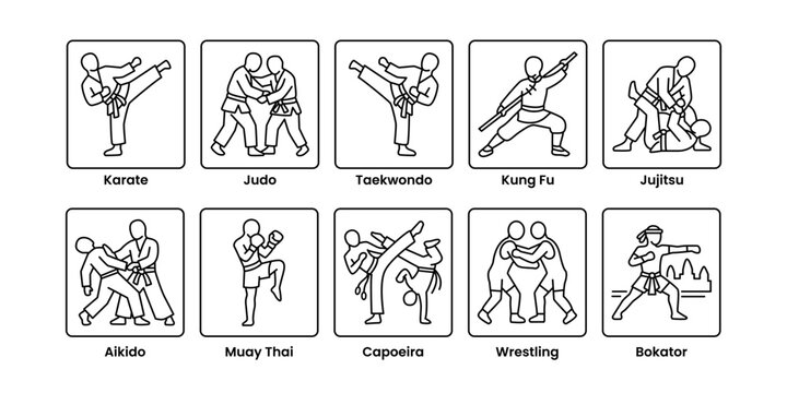 Martial arts line icon set featuring karate, judo, taekwondo, kung fu, jujitsu, aikido, muay thai, capoeira, wrestling, and bokator, ideal for sports and combat design projects.