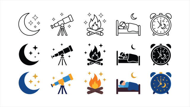 Dark mode night icon set with moon stars telescope campfire sleeping and alarm clock symbols in outline solid and colorful design styles isolated on white background