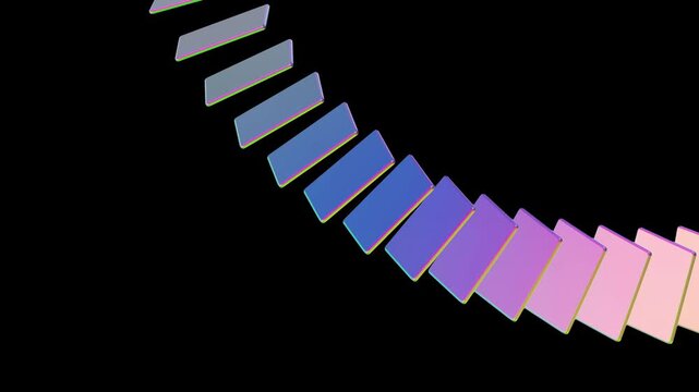 Cool blue and purple floating rectangular prisms in a symmetrical curve on a black background depicting cloud computing and secure network infrastructure connectivity