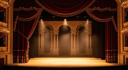 Obraz premium Grand theater stage with red curtains and golden ornate details
