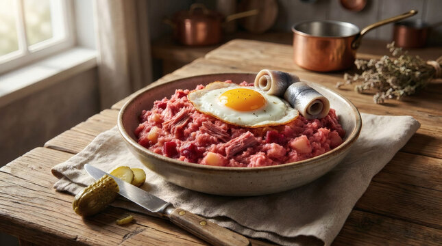 Labskaus Beef Potato Mash with Fried Egg in Rustic Farmhouse Setting