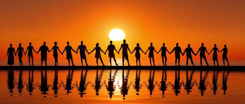 United Silhouette under the Sunset Glow: A collective of individuals, silhouetted against a brilliant sunset, joins hands in a powerful display of unity and solidarity.
