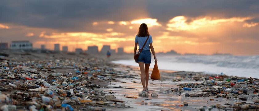 Coastal Isolation: A solitary figure navigates a polluted shoreline, with a skyline under a foreboding sky, evoking a sense of environmental despair.