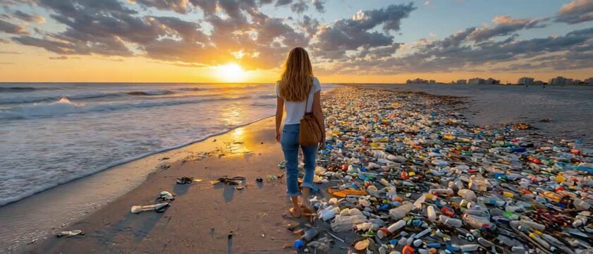 A Stark Contrast on the Shore: A solitary figure walks along the beach, starkly contrasted by a sea of plastic waste, evoking a sense of environmental awareness. A powerful visual commentary