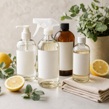 Flacons de nettoyage r&eacute;utilisables avec citron et eucalyptus sur fond clair