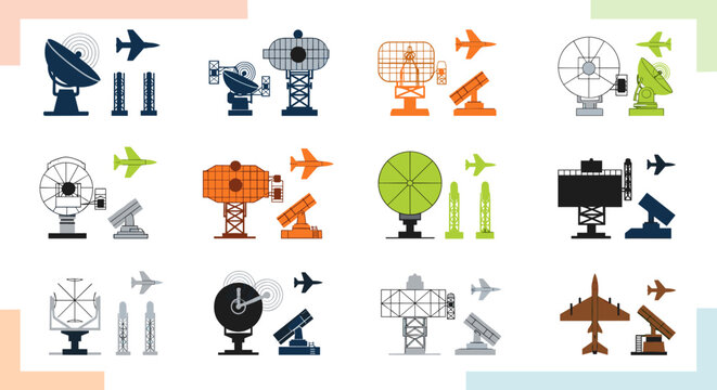Set of colorful radar systems and military aircraft illustrations, designed with clean lines and geometric shapes, depicting air defense, surveillance, and aviation themes,
