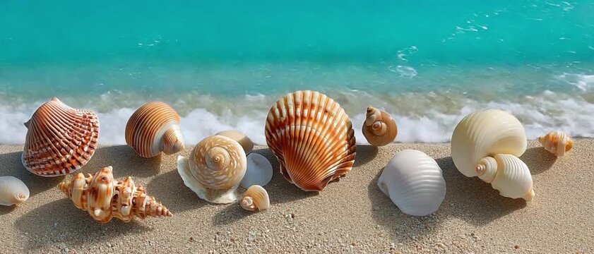 Seashells along the Shore: A collection of various seashells rests gracefully on the sun-kissed sands, the gentle waves of the turquoise ocean lapping at the shore.