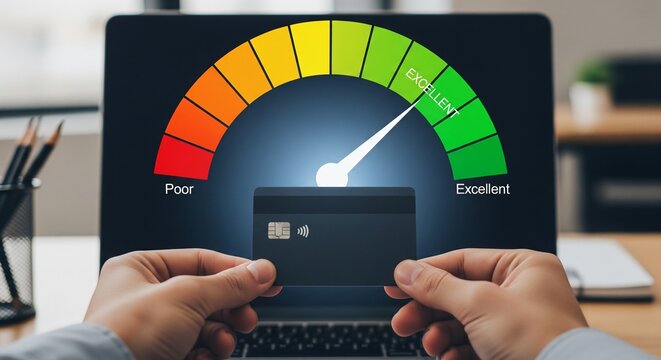 Credit Score Gauge on Laptop Screen with Credit Card in Hands, Financial Concept