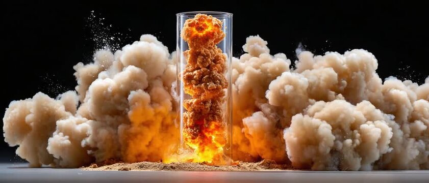 Fiery Chemical Reaction: Witness the awe-inspiring moment of a volatile chemical reaction confined within glass. Witnessing a spectacle of rapid expansion and energy release.
