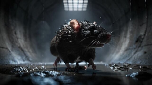 Wet rat cautiously exploring dimly lit sewer tunnel with dripping water and rising steam atmosphere