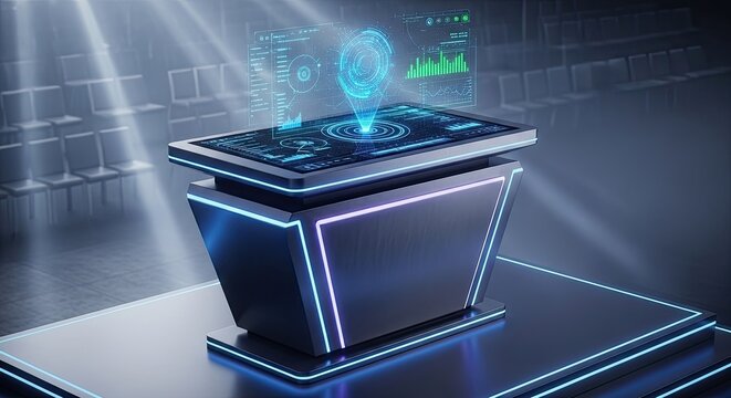 Futuristic dj setup with holographic visuals and neon lighting