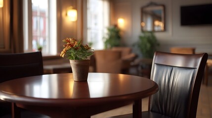 Obraz premium A polished wooden table with a potted plant centerpiece set within a warmly illuminated comfortable cafe lounge