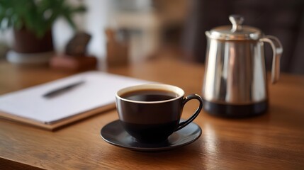 Fototapeta premium A delicate cup of dark coffee sits on a wooden desk beside a polished metal carafe evoking a peaceful moment