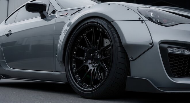 Close up view of a modified sports car featuring wide wheel arches and black alloy rims.