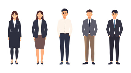 Obraz premium A successful team of professional business people and executive women in suits stand smiling in the office, showcasing leadership and corporate teamwork for a career milestone