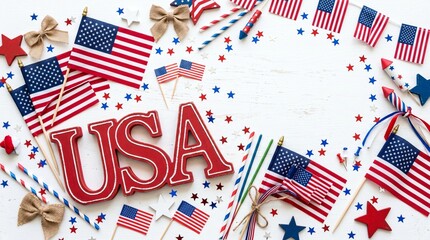 Obraz premium Festive independence day usa celebration patriotic decorations and usa lettering