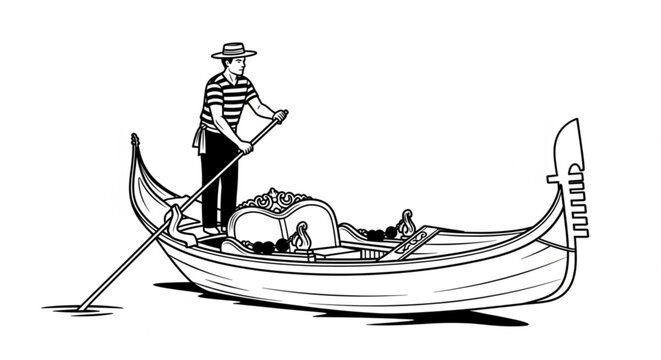 Gondolier in traditional striped shirt poling a gondola in venice graphic line art gondolier transport vacation traditional watercraft maritime nautical outdoors daylight recreation