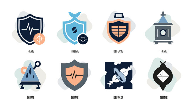 Set of eight stylized shield-shaped icons showcasing themes of protection, defense, and security, rendered in a modern flat vector style with a muted color palette including navy,