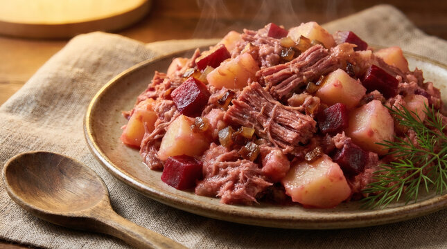 Labskaus Traditional German Beef Stew Macro on Linen Rustic Setting