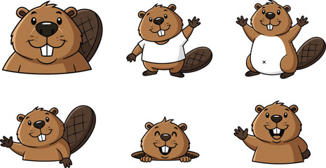 Cute Cartoon Beaver Character Set with Different Poses, Smiles, and Expressions for Kids' Illustrations, Stickers, and Digital Designs © Lal