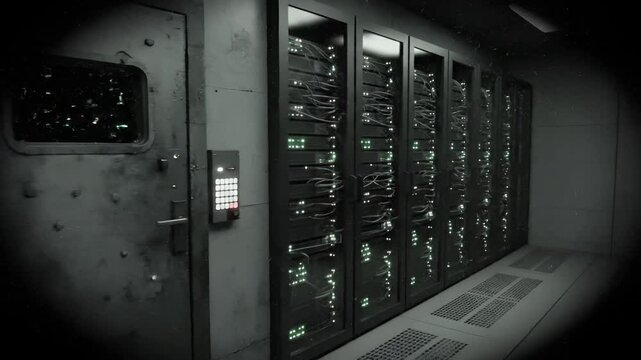 Dark Server Room with Racks of Computers and Glowing Lights.