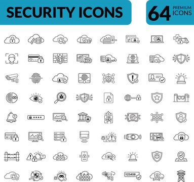 Security Icons Set &ndash; Cyber Security, Data Protection, Privacy, Cloud Safety Line Icons Pack (64 Icons)