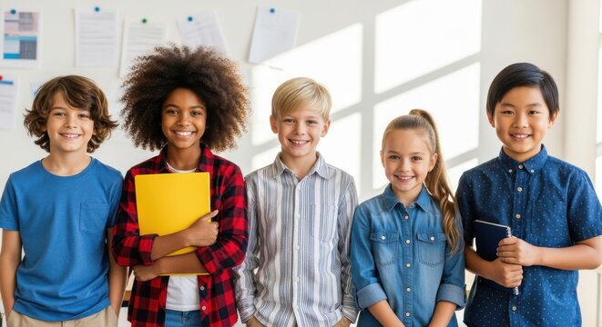 Diverse group of young students standing together and smiling in a bright classroom.