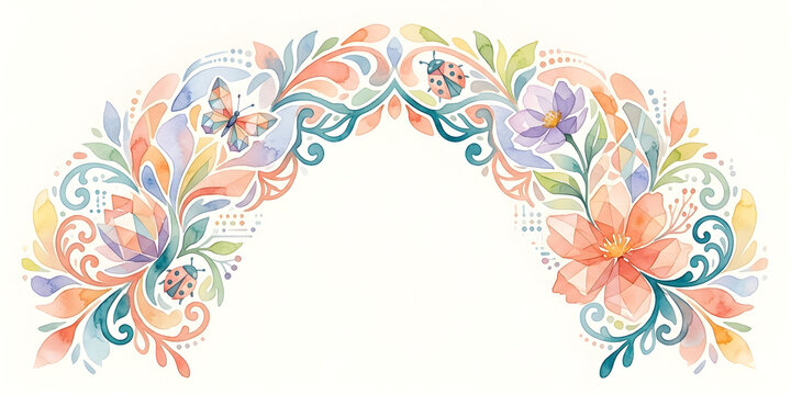 Abstract Watercolor Geometric Floral Frame with Butterfly and Ladybugs - Decorative Spring Nature Ornament on White Background