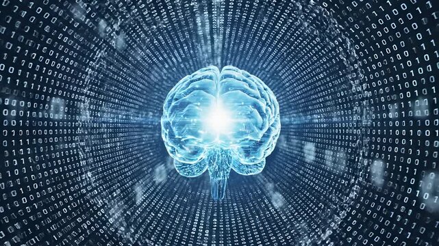 Digital Brain with Binary Code Tunnel Animation.