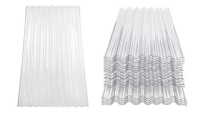 Set of clear corrugated polycarbonate roofing sheets isolated on white. Transparent plastic panels for construction, greenhouse, and industrial roofing projects.