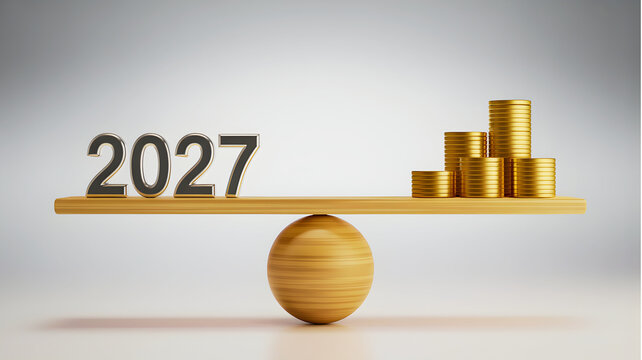 A wooden balance scale with gold bars and the year 2027 on one side