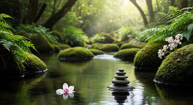 Serene Zen Garden Waterfall with Stacked Stones and Orchid.