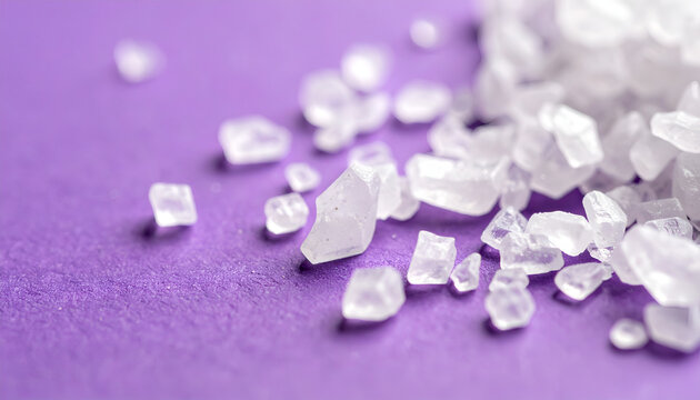 Macro shot of sea salt crystals scattered on a vibrant purple surface showing texture