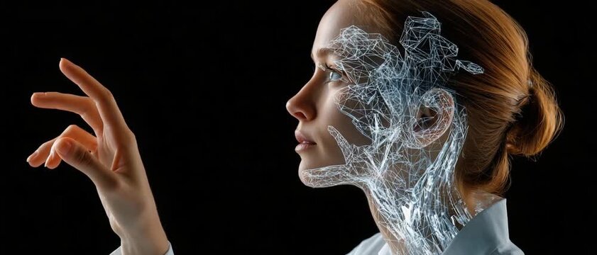Digital Mindscape: A woman interacts with an ethereal digital interface. The image is a striking blend of technology and human form, hinting at the future of digital interaction.