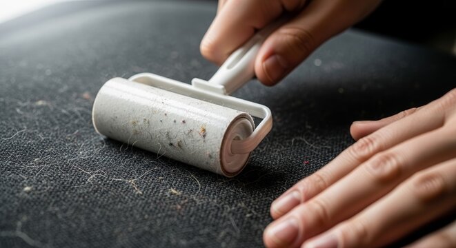 Man using lint roller on clothes to remove pet hair and dust, showing hands carefully gliding lint roller over fabric. Lint roller keeps garments clean and fresh for everyday wear and presentations.