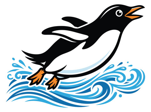 Happy penguin jumping out of the water isolated on white background