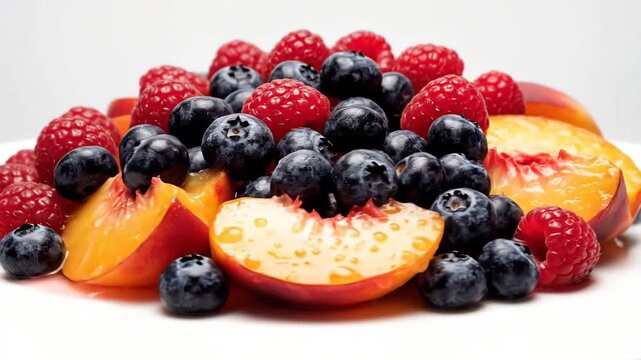 Fresh Assorted Berries and Sliced Peaches on White Background.