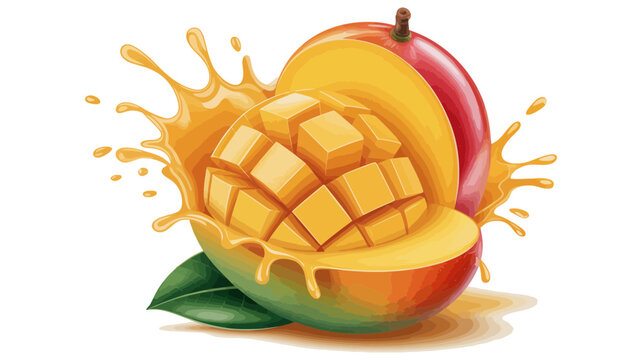 Fresh mango slices splashing in tropical juice with tropical refreshing vitamins illustration isolated