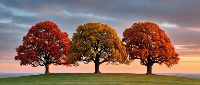 Autumnal Trio: Three majestic trees stand united, their vibrant foliage painting the landscape with the fiery hues of autumn, set against a dramatic sky.